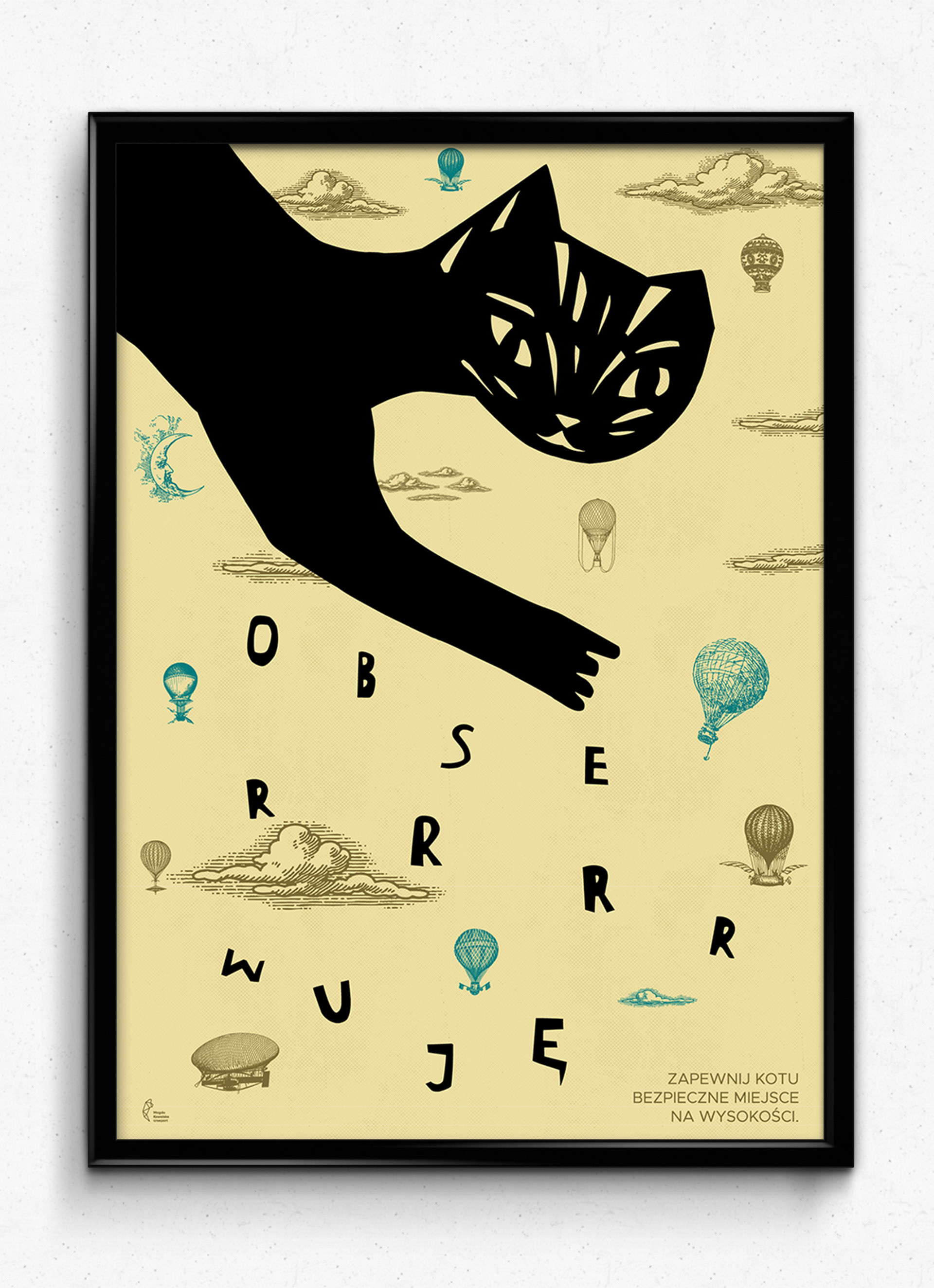 Fine art graphic from the 'Oto Kot' series – a black cat silhouette with educational typography about feline needs and nature.