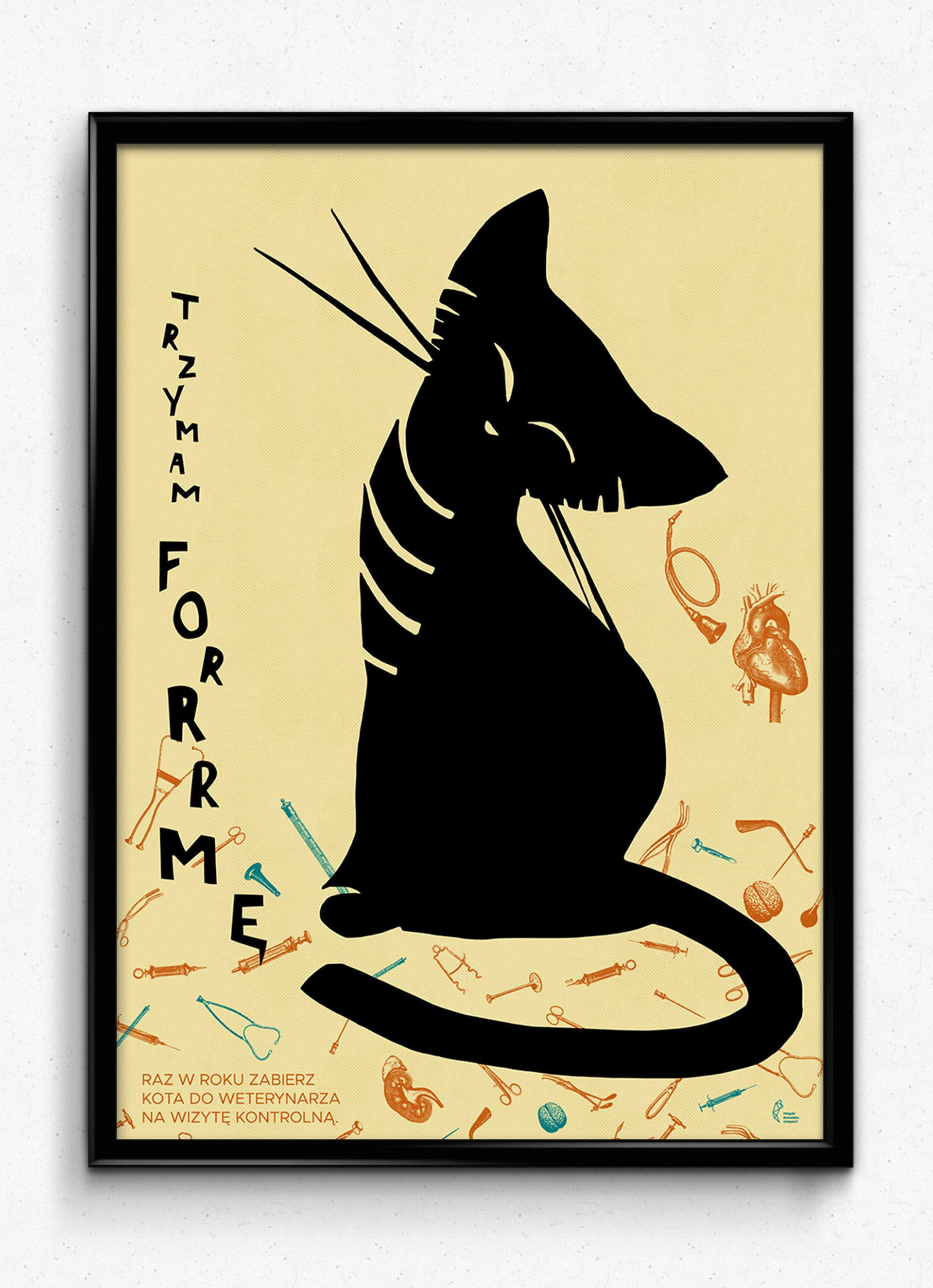 Modern poster from the 'Oto Kot' series combining a black card cut-out and typography regarding preventive healthcare.