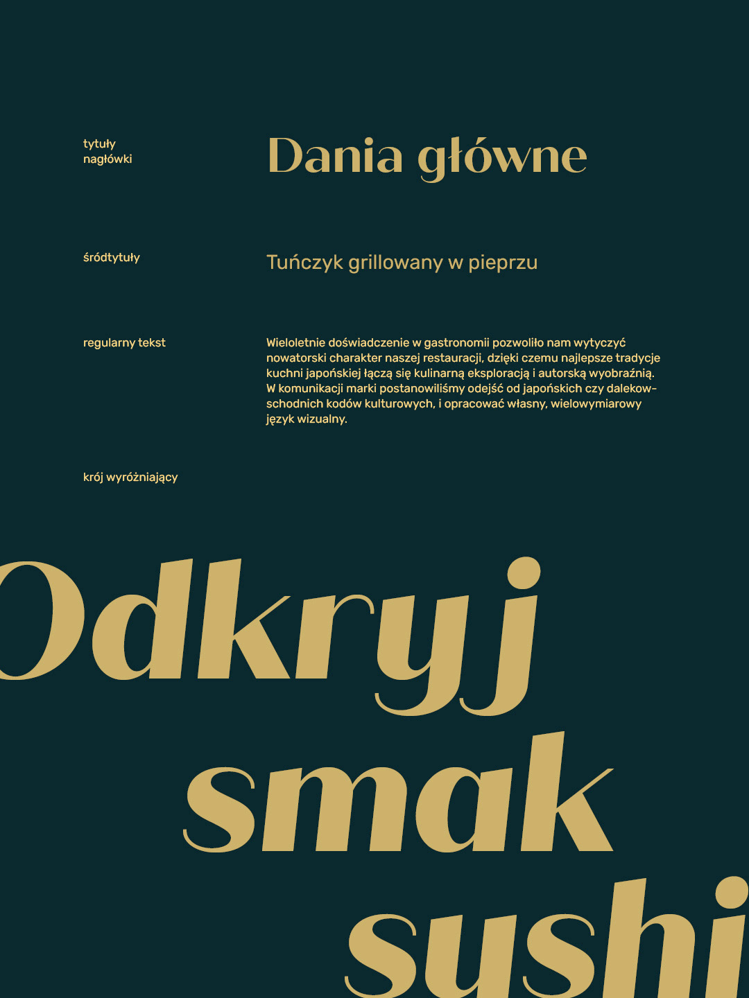 Systemic typography for Sushi Soul showing the juxtaposition of geometric headline fonts and neutral sans-serif body text.