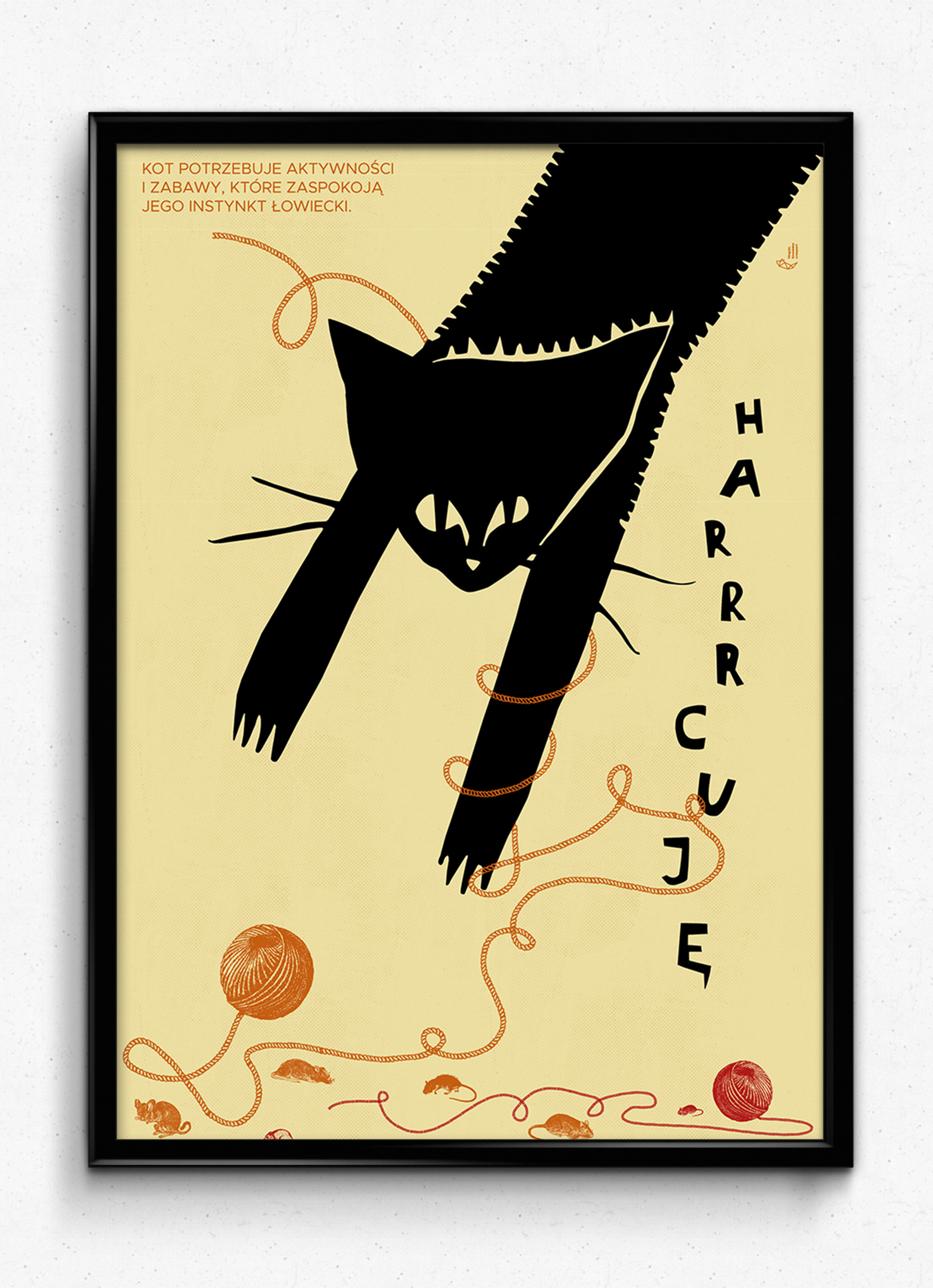 Artistic digital collage from the 'Oto Kot' series – a cat silhouette combined with typography about feline activities. 