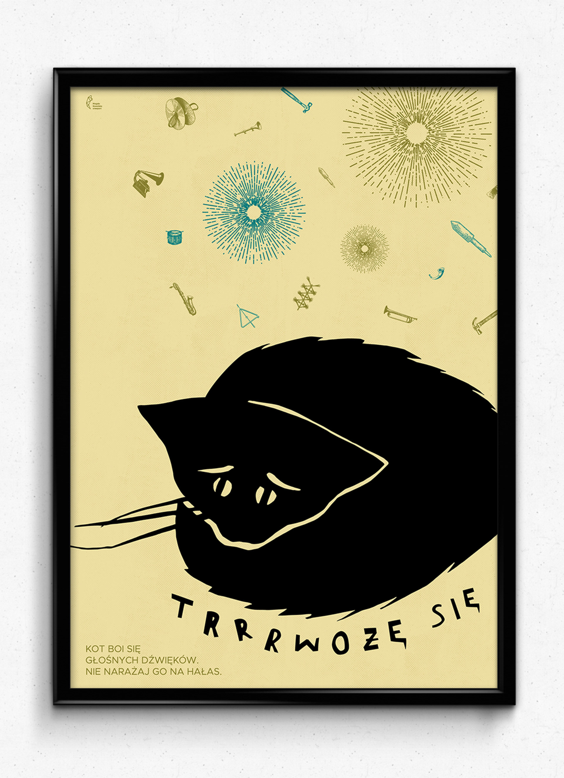 Black and white poster from the 'Oto Kot' series – a minimalist cat graphic and typographic composition with the quote: I'M SCARED. Cats are afraid of loud sounds, do not expose it to noise.