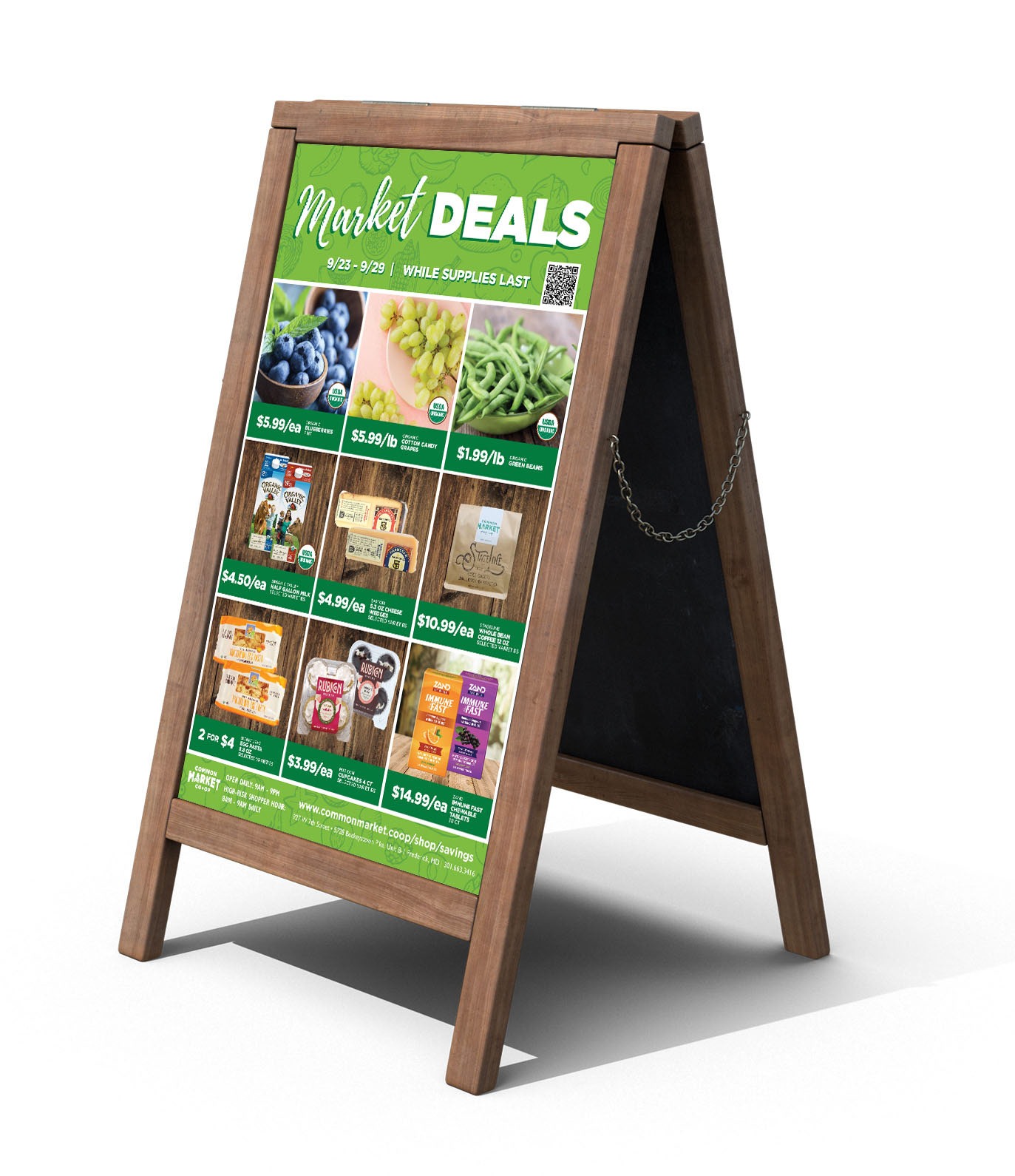 This new Market Deals sandwich board template uses both greens in Common Market's branding and screams "fresh". Text is easy to read and products look appetizing a fresh, drawing customers to make purchases. Savings amounts were removed so customers only focus on the great price of the products shown and not how much they're saving. The veggie pattern in the background adds texture and ties into the promotion of "fresh" department products.