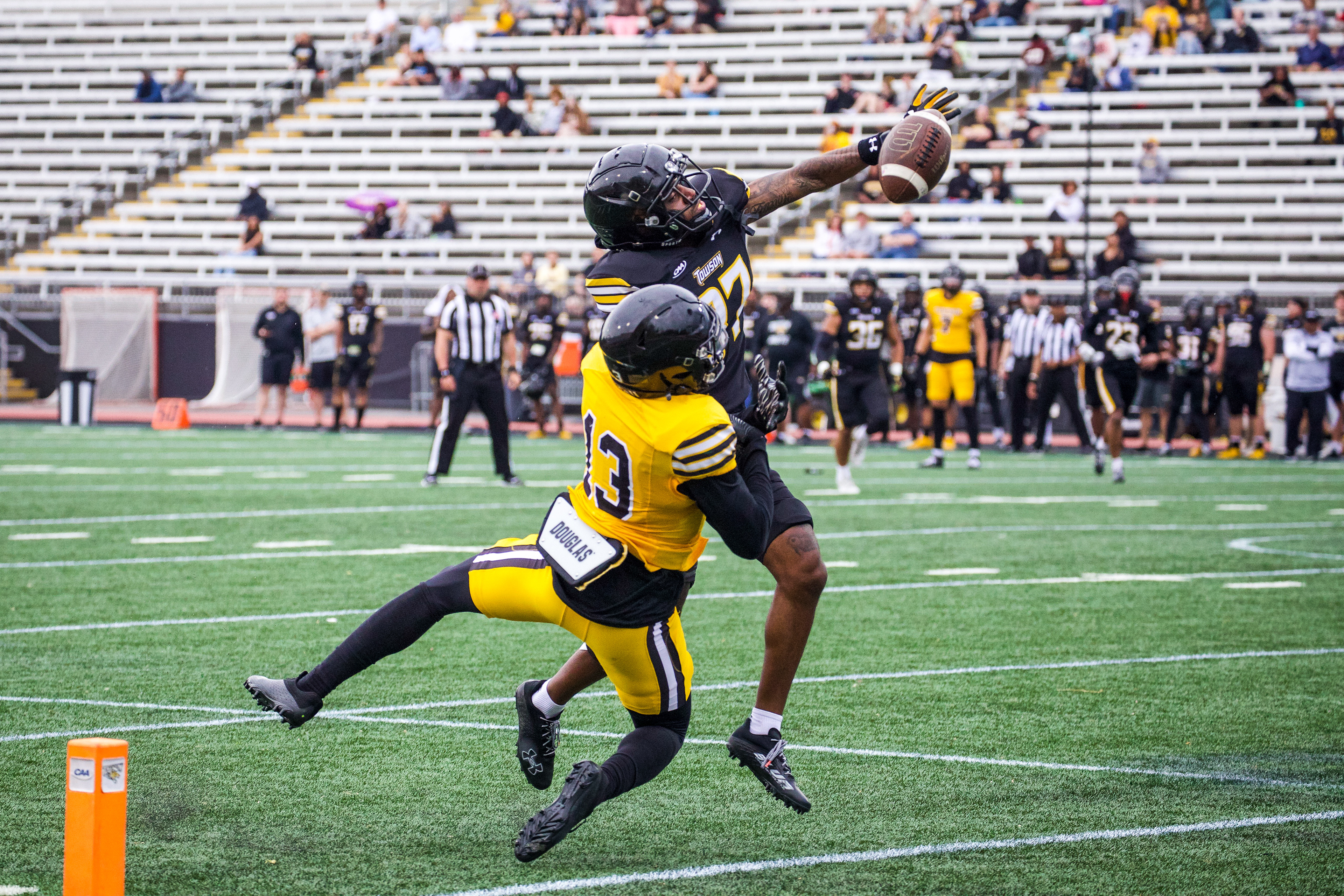 Towson football players during their spring scrimmage on April 22, 2023