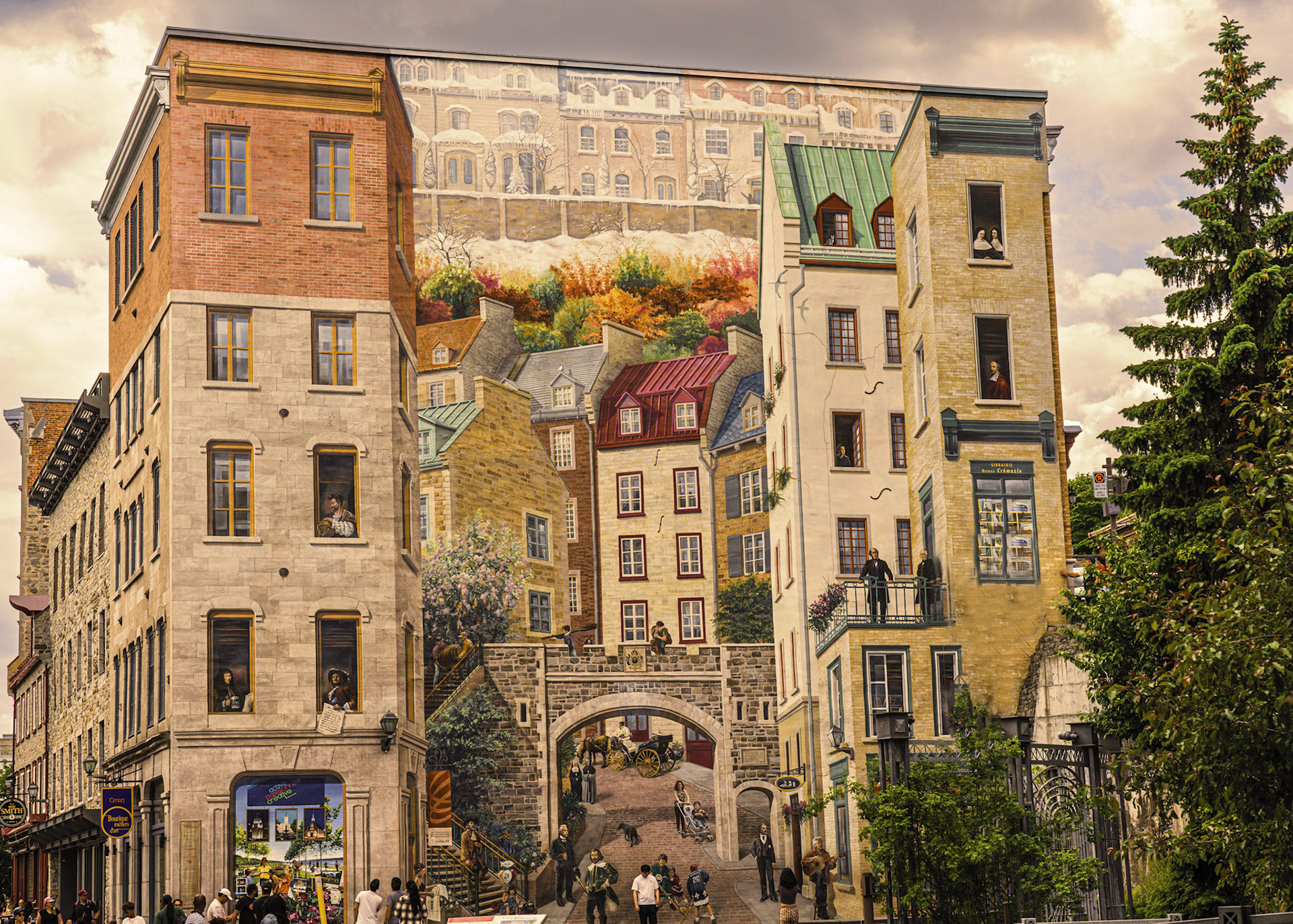 This mural recounts the story of Québec City, weaving in visual allusions to its unique architecture and fortifications, and its larger-than-life personalities. Look closely at the building's windows: you'll see some 15 historic figures and nearly a dozen of Québec's leading writers and artists. It's truly a breathtaking work!