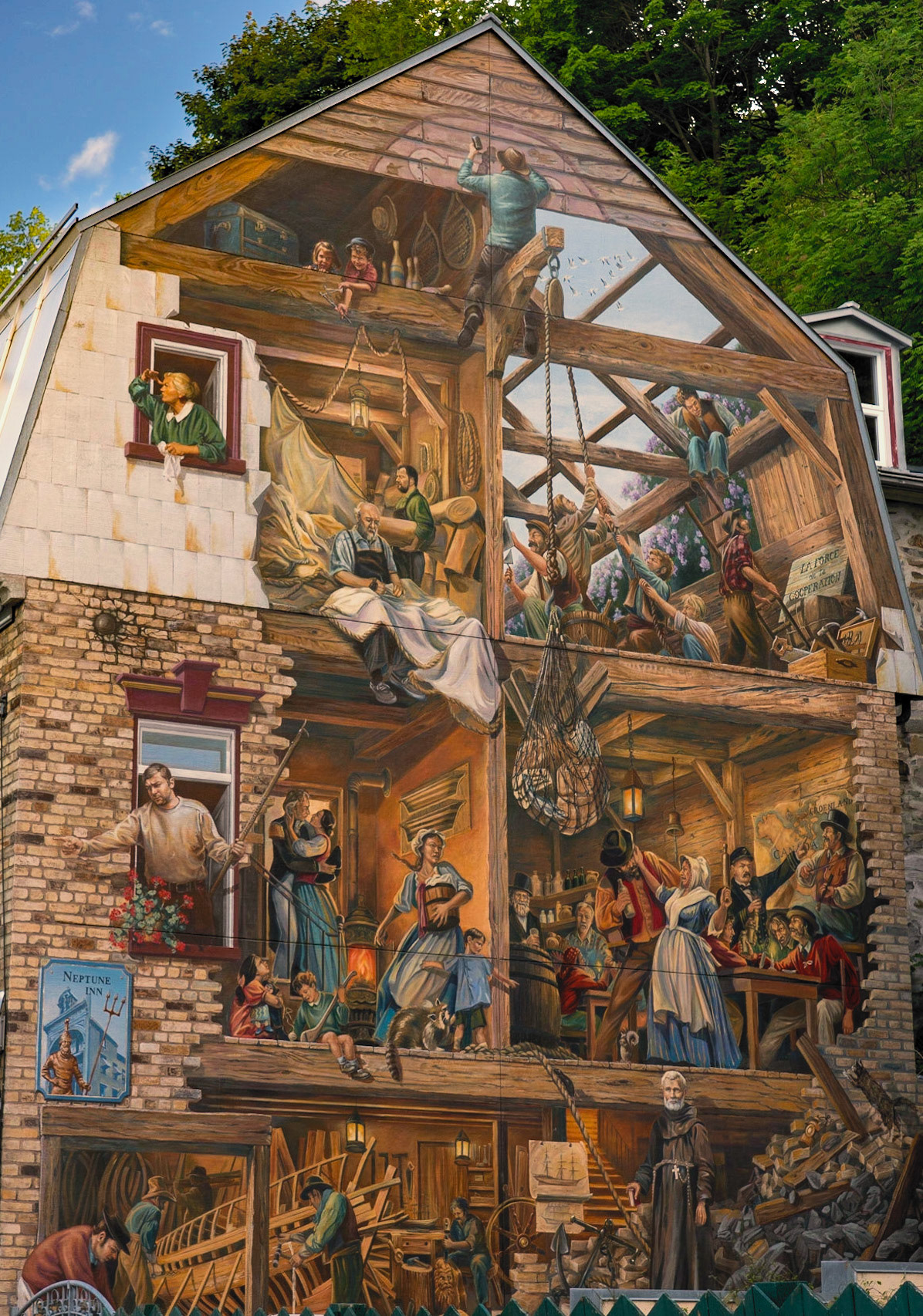 Fresque du Petit-Champlain, depicts milestones in the history of Cap-Blanc, Québec City's working-class waterfront neighbourhood, from the beginnings of New France until the present day.