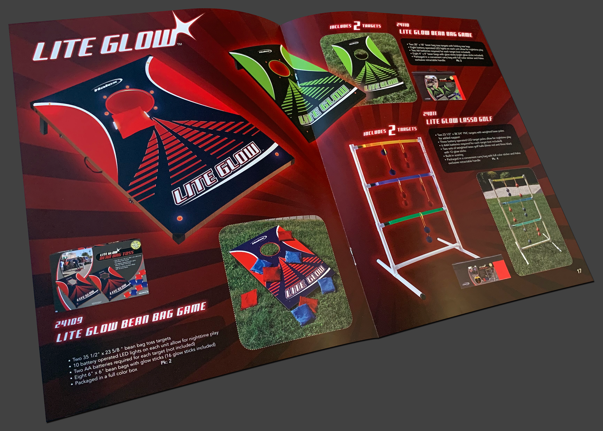 Outdoor Games Catalog Spread. Lite Glow logo and graphics.