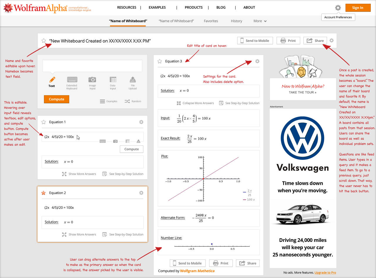 Annotations of Cindy Lee's redesign of the Wolfram Alpha