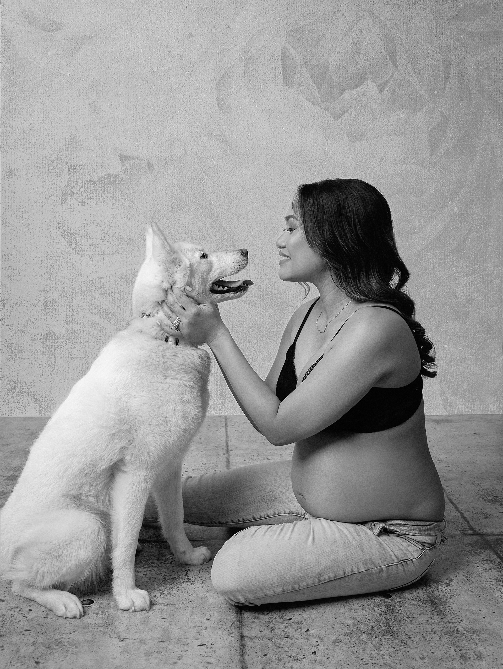 Black and White Maternity Image with a Puppy