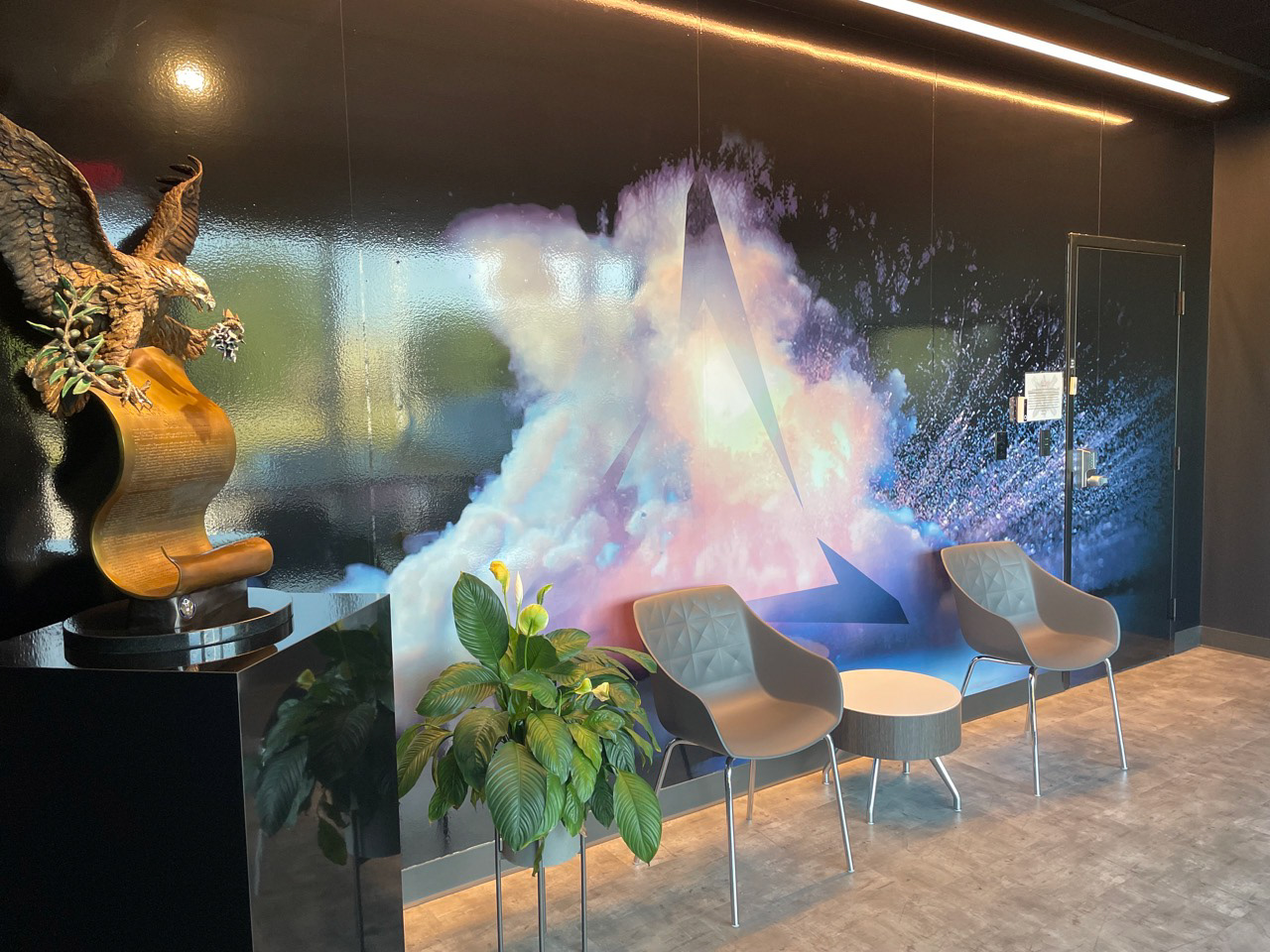 Headquarters lobby wall graphic installed