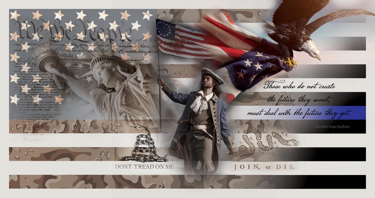 Camouflage flag and blue-line flag blended with other American symbols into collage with a favored quote