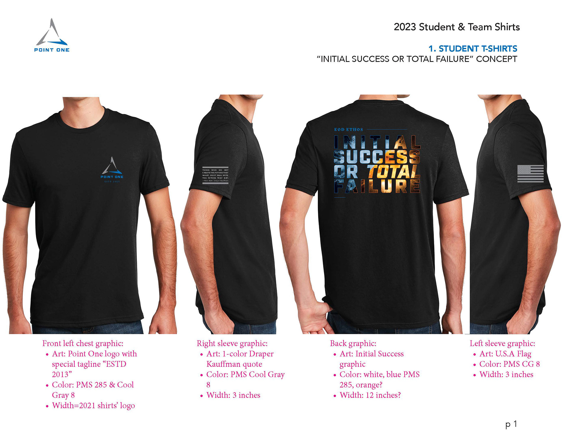 mockup of front, sleeves, and back prints for the Point One student t-shirt