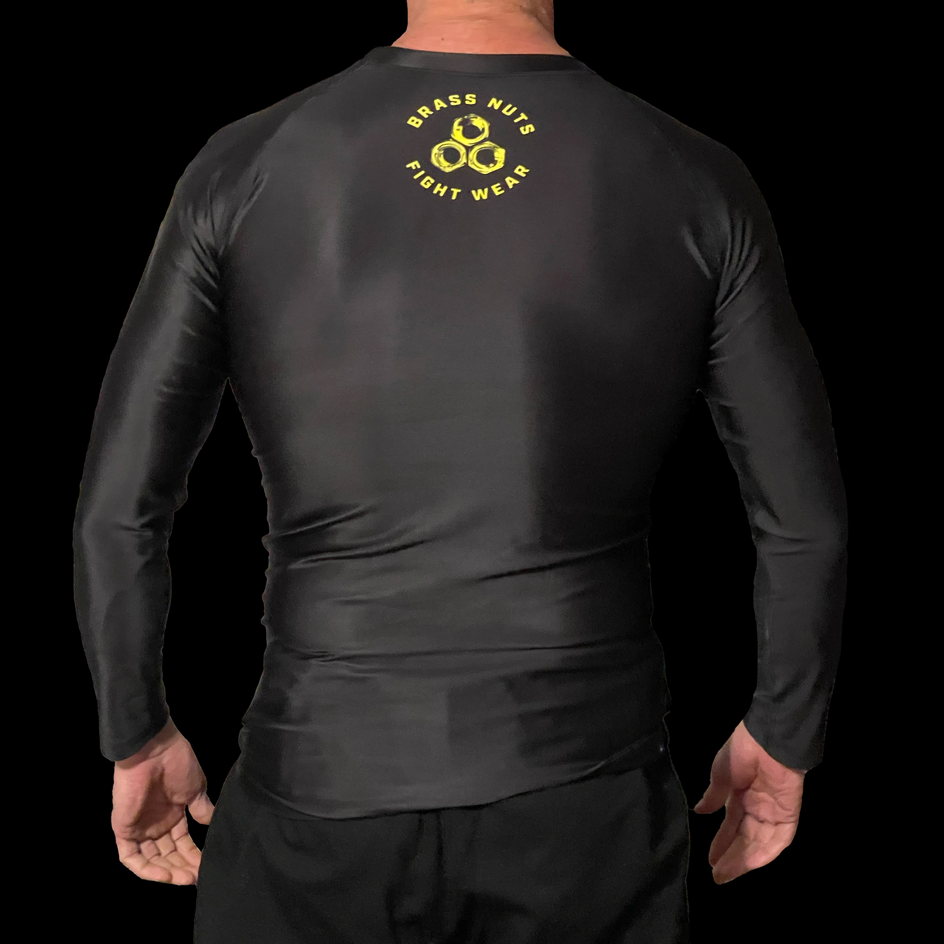 Rash guard back with combination mark aka logo in tag print location