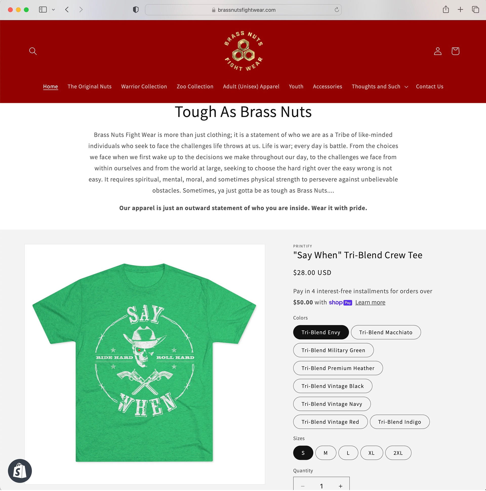Featured product block on the home page displaying one of the product designs created for Brass Nuts Fight Wear's customers (with cross-over appeal into other lifestyle markets, specifically Harley Davidson riders