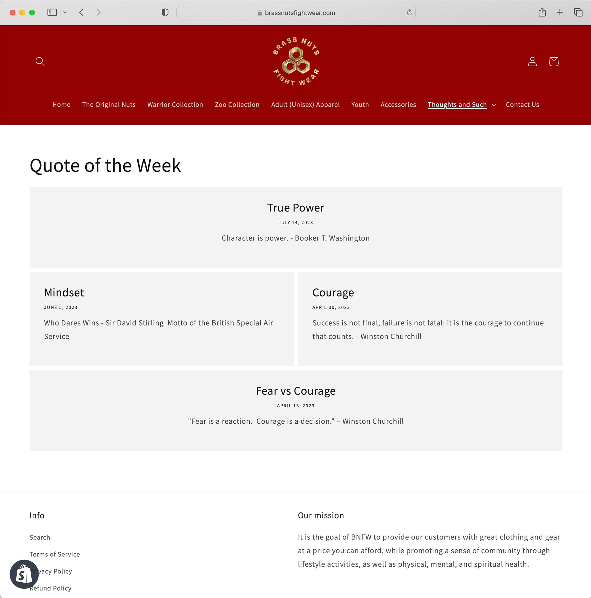 Blog pages constructed to display "Quote of the Week", as pictured, and "Thought of the Day"