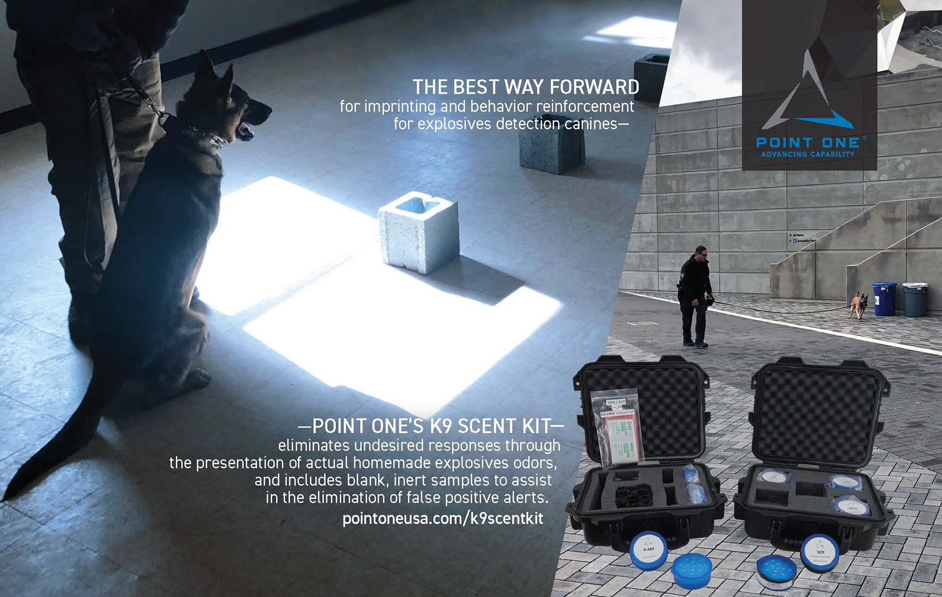 Half-page ad in a trade publication for EOD/bomb tech K9 training product