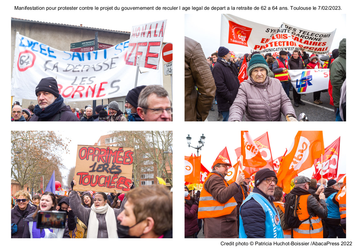 Manifestation pour protester contre le projet du gouvernement de reculer l age legal de depart a la retraite de 62 a 64 ans. Toulouse le 7/02/2023