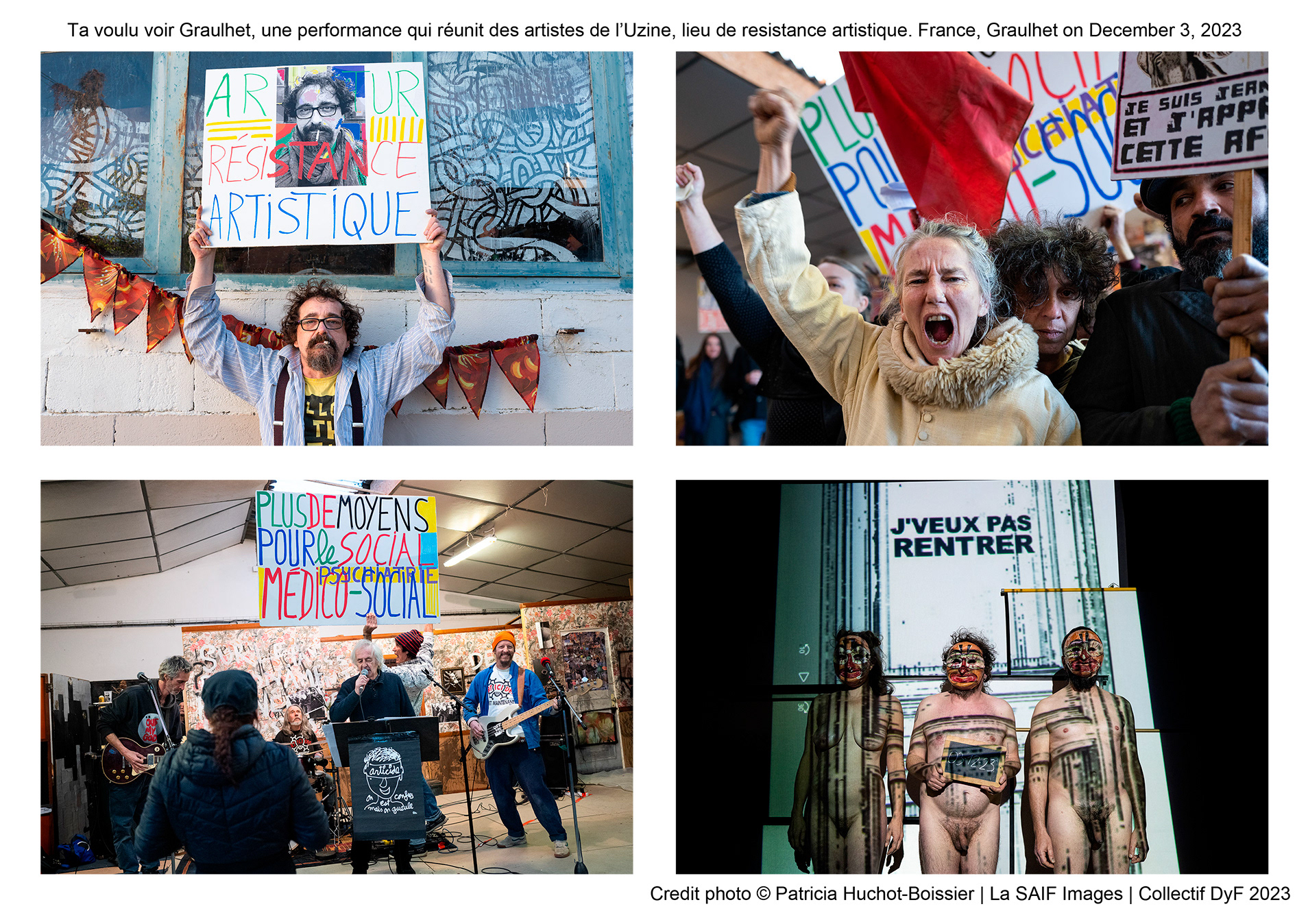 Ta voulu voir Graulhet, une performance qui réunit des artistes de l’Uzine, lieu de resistance artistique. France, Graulhet on December 3, 2023