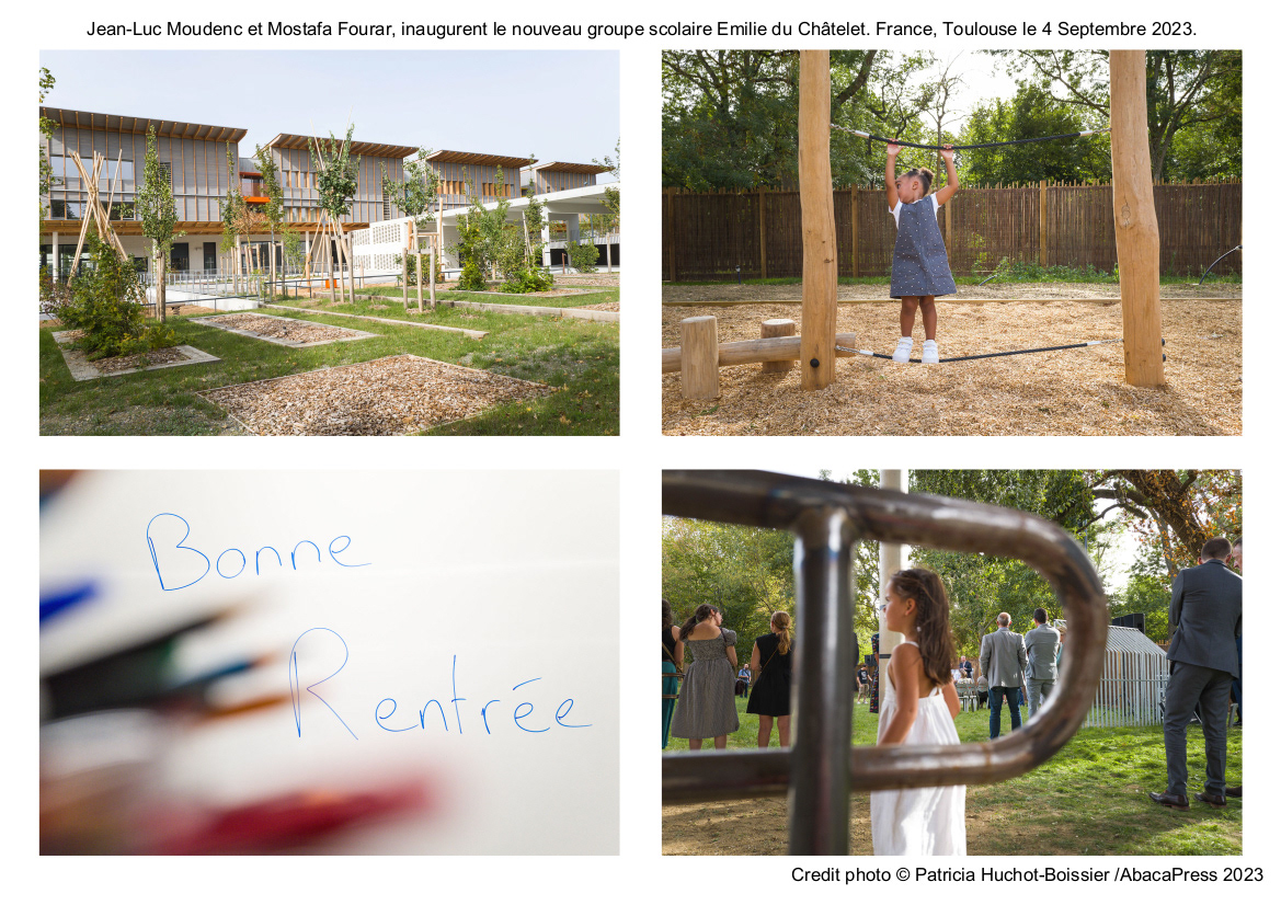 Jean-Luc Moudenc et Mostafa Fourar, inaugurent le nouveau groupe scolaire Emilie du Châtelet. France, Toulouse le 4 Septembre 2023