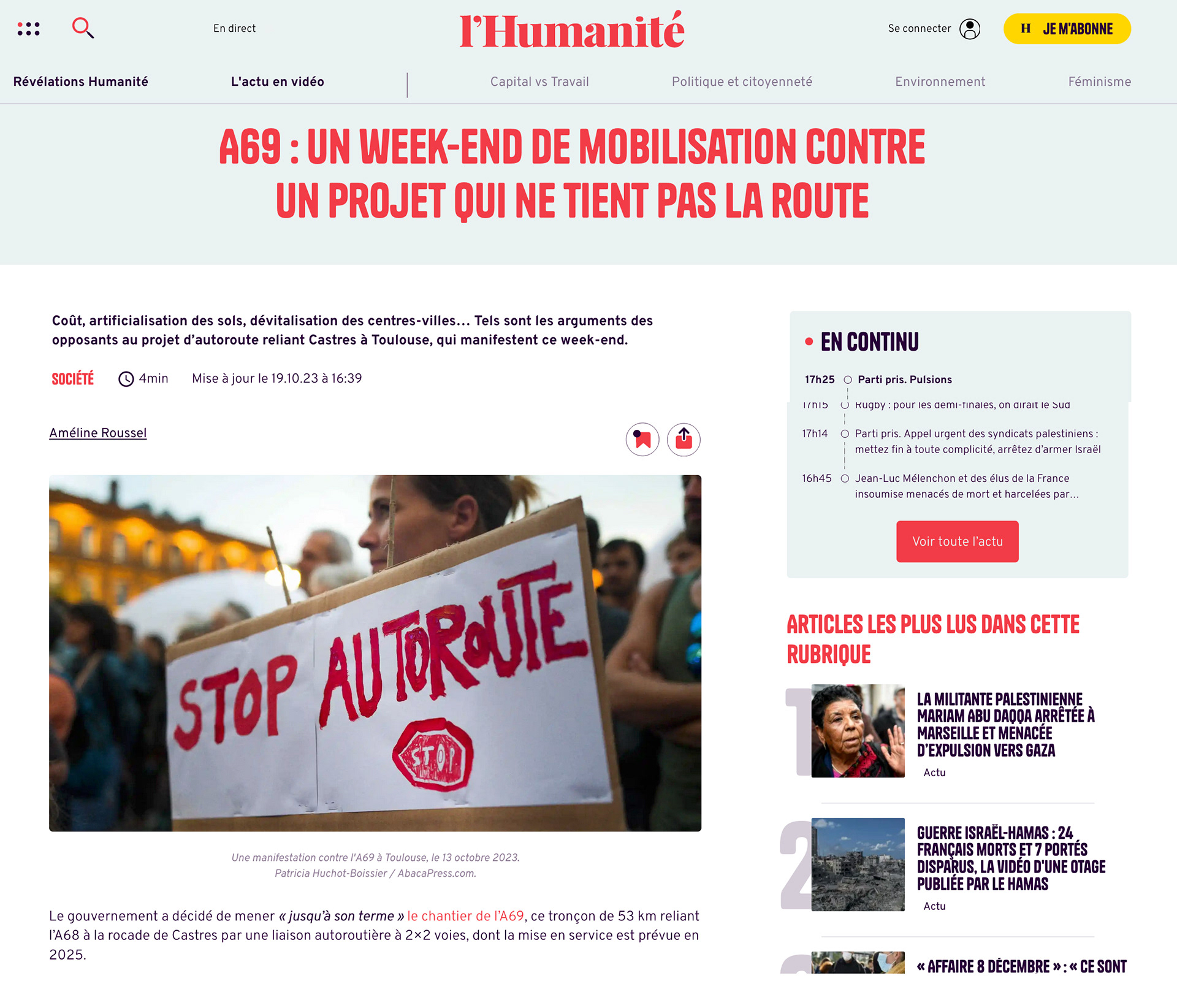 19 octobre 2023 - L'Humanite