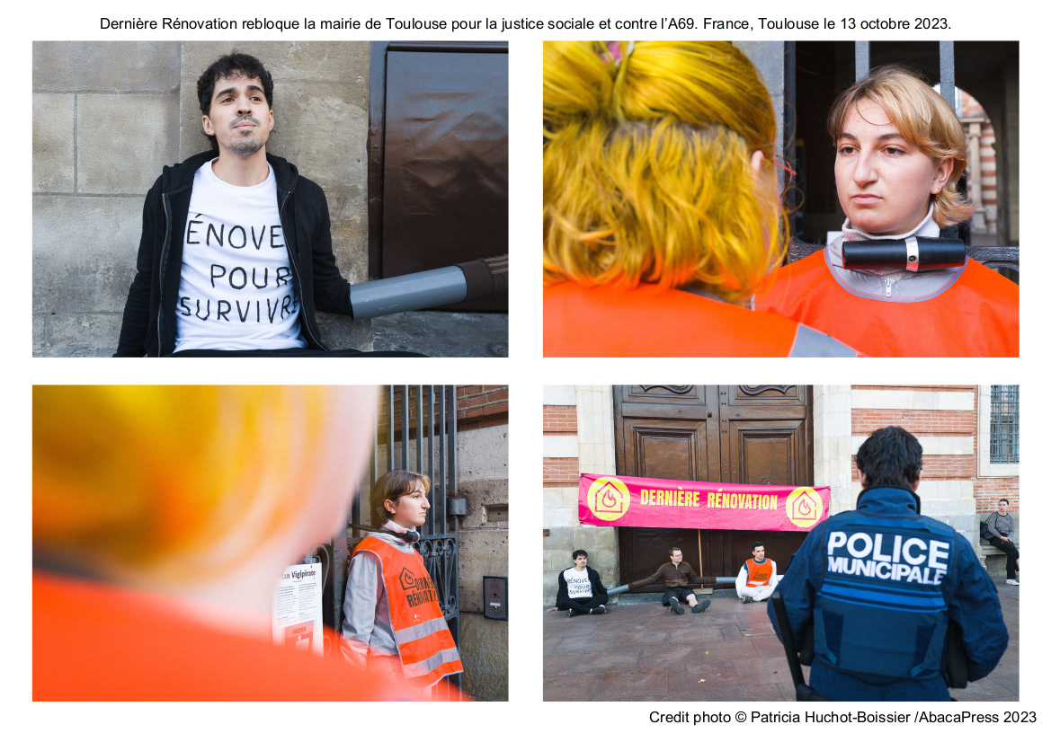 Dernière Rénovation rebloque la mairie de Toulouse pour la justice sociale et contre l’A69. France, Toulouse le 13 octobre 2023