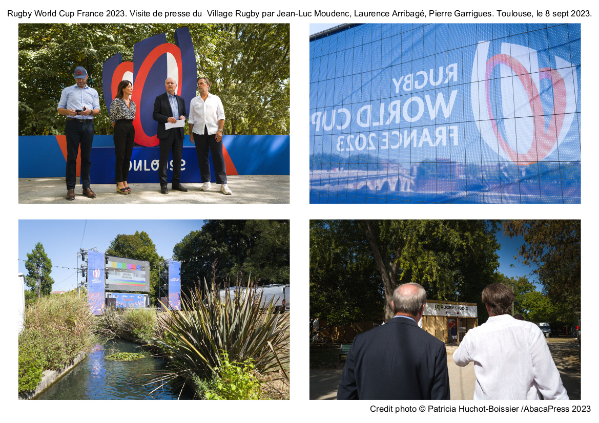 Rugby World Cup France 2023. Visite de presse du  Village Rugby par Jean-Luc Moudenc, Laurence Arribagé, Pierre Garrigues. Toulouse, le 8 sept 2023