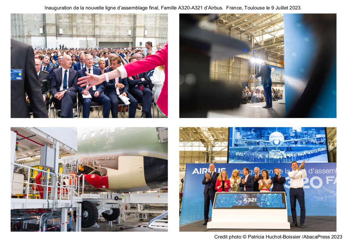 Inauguration de la nouvelle ligne d’assemblage final, Famille A320-A321 d’Airbus.  France, Toulouse le 9 Juillet 2023