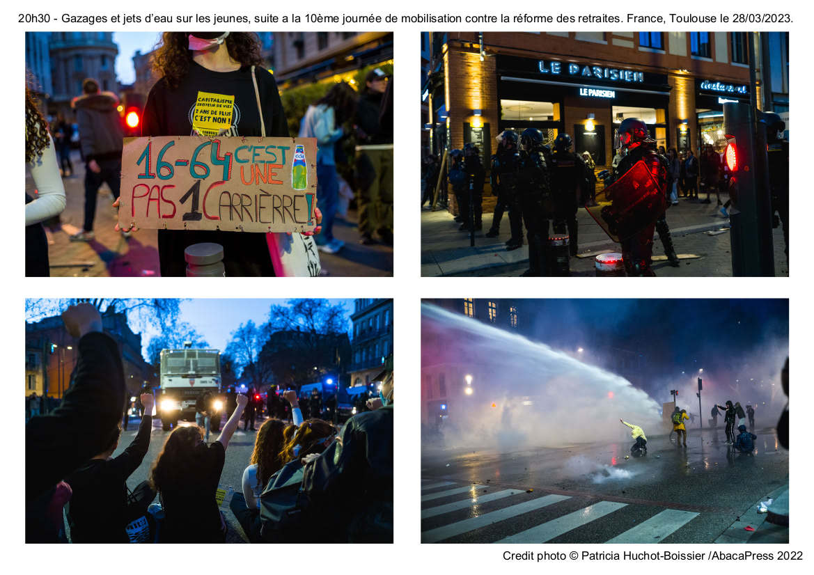 20h30 - Gazages et jets d’eau sur les jeunes, suite a la 10ème journée de mobilisation contre la réforme des retraites. France, Toulouse le 28/03/2023