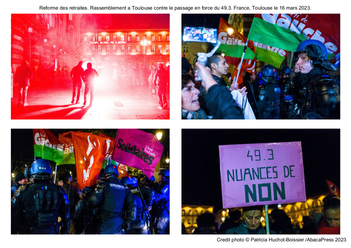 Reforme des retraites. Rassemblement a Toulouse contre le passage en force du 49.3. France, Toulouse le 16 mars 2023