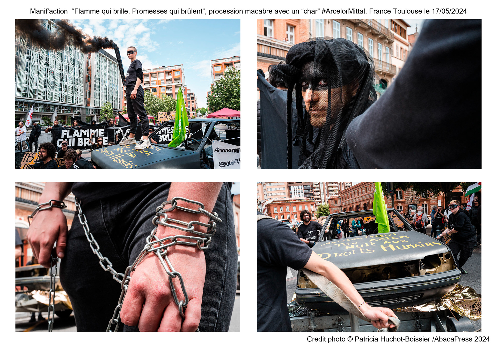 Manif’action  “Flamme qui brille, Promesses qui brûlent”, procession macabre avec un “char” _ArcelorMittal. France Toulouse le 17-05-2024