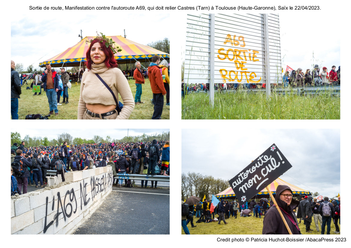 Sortie de route, Manifestation contre l'autoroute A69, qui doit relier Castres (Tarn) à Toulouse (Haute-Garonne), Saïx le 22/04/2023