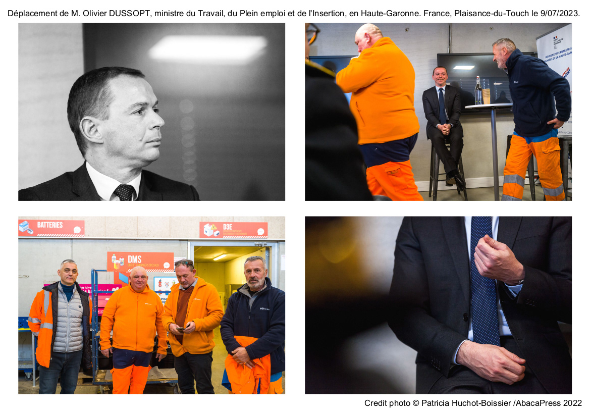 Déplacement de M. Olivier DUSSOPT, ministre du Travail, du Plein emploi et de l'Insertion, en Haute-Garonne. France, Plaisance-du-Touch le 9/07/2023