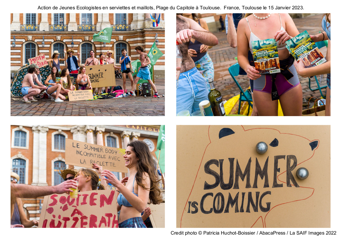 Action de Jeunes Ecologistes en serviettes et maillots, Plage du Capitole à Toulouse.  France, Toulouse le 15 Janvier 2023