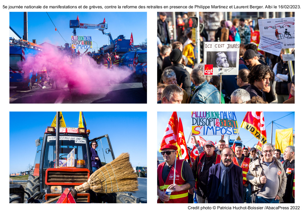 5e journée nationale de manifestations et de grèves, contre la reforme des retraites en presence de Philippe Martinez et Laurent Berger. Albi le 16/02/2023