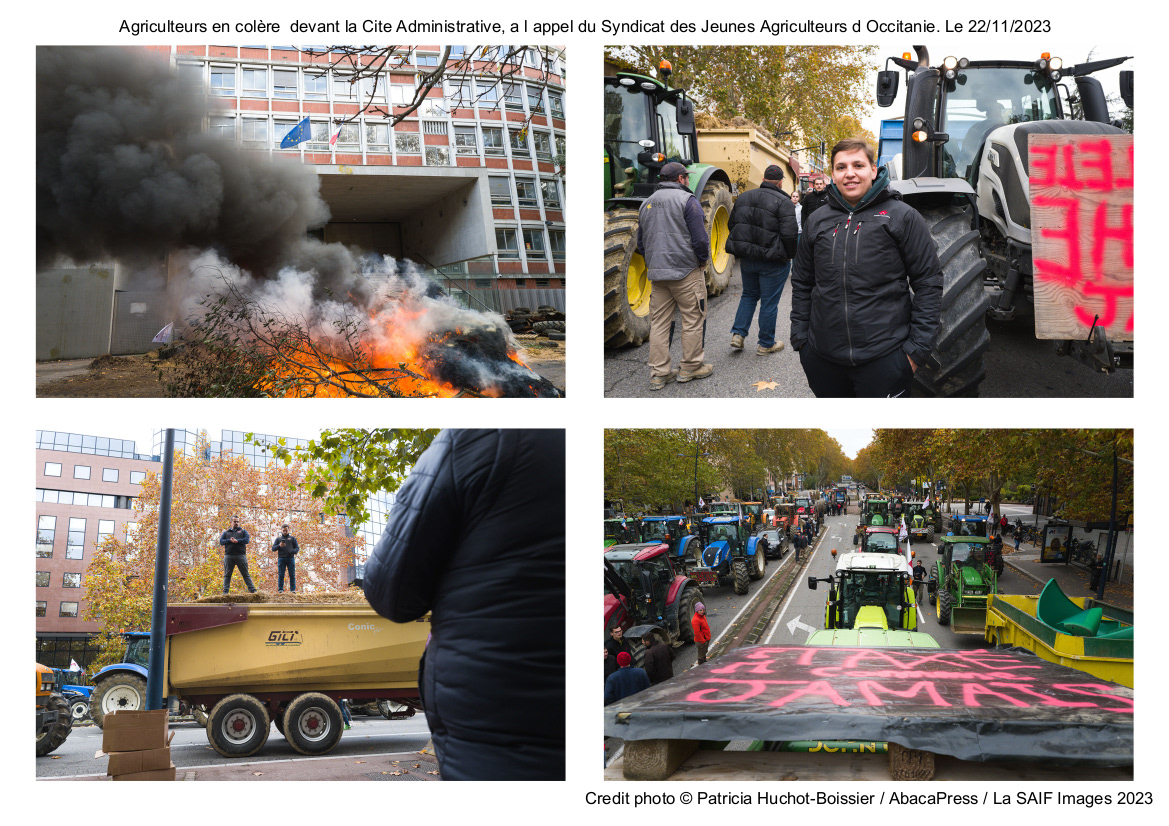 Agriculteurs en colère  devant la Cite Administrative, a l appel du Syndicat des Jeunes Agriculteurs d Occitanie. Le 22/11/2023