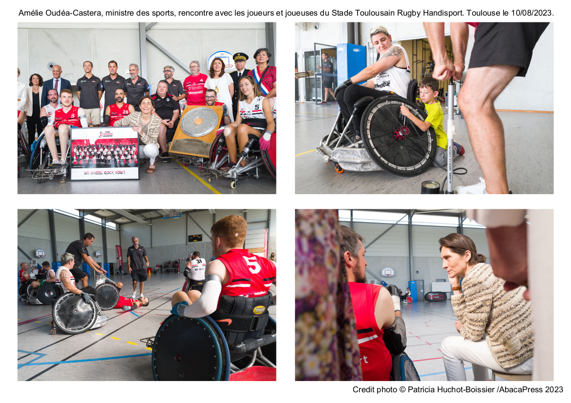 Amélie Oudéa-Castera, ministre des sports, rencontre avec les joueurs et joueuses du Stade Toulousain Rugby Handisport. Toulouse le 10/08/2023