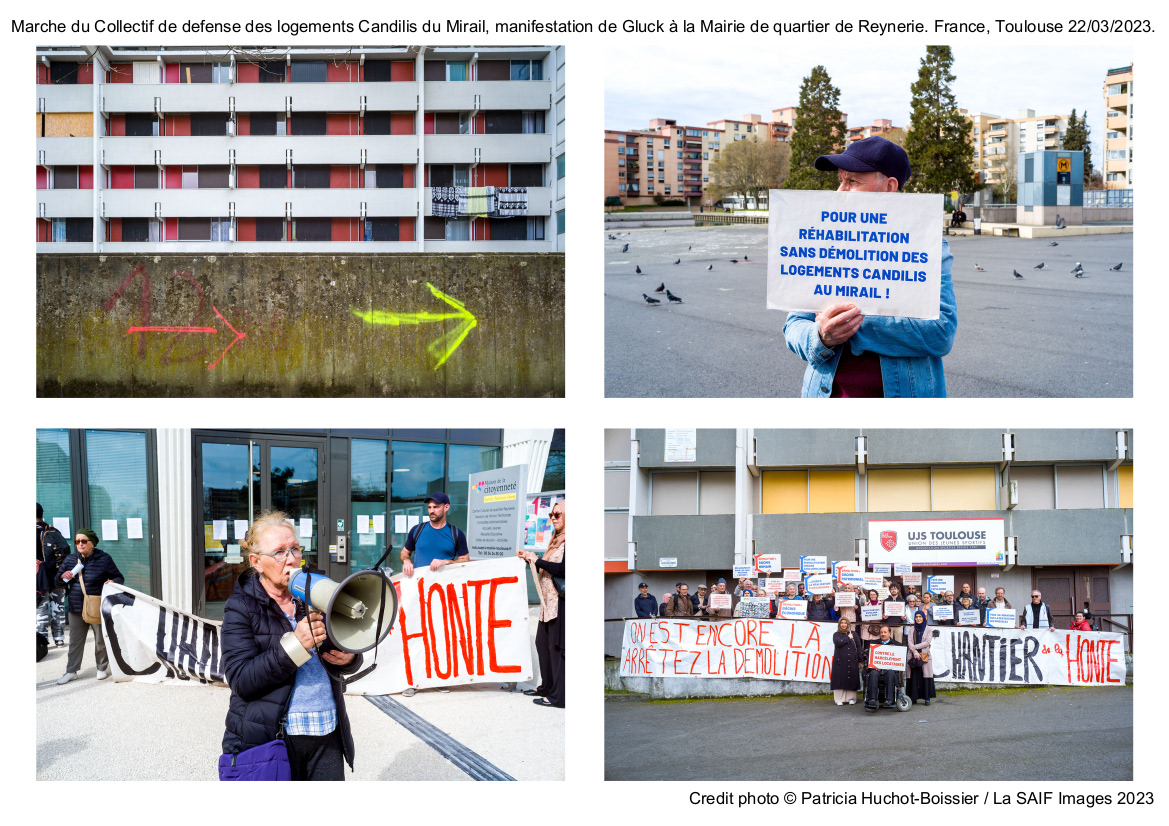 Marche du Collectif de defense des logements Candilis du Mirail, manifestation de Gluck à la Mairie de quartier de Reynerie. France, Toulouse 22/03/2023