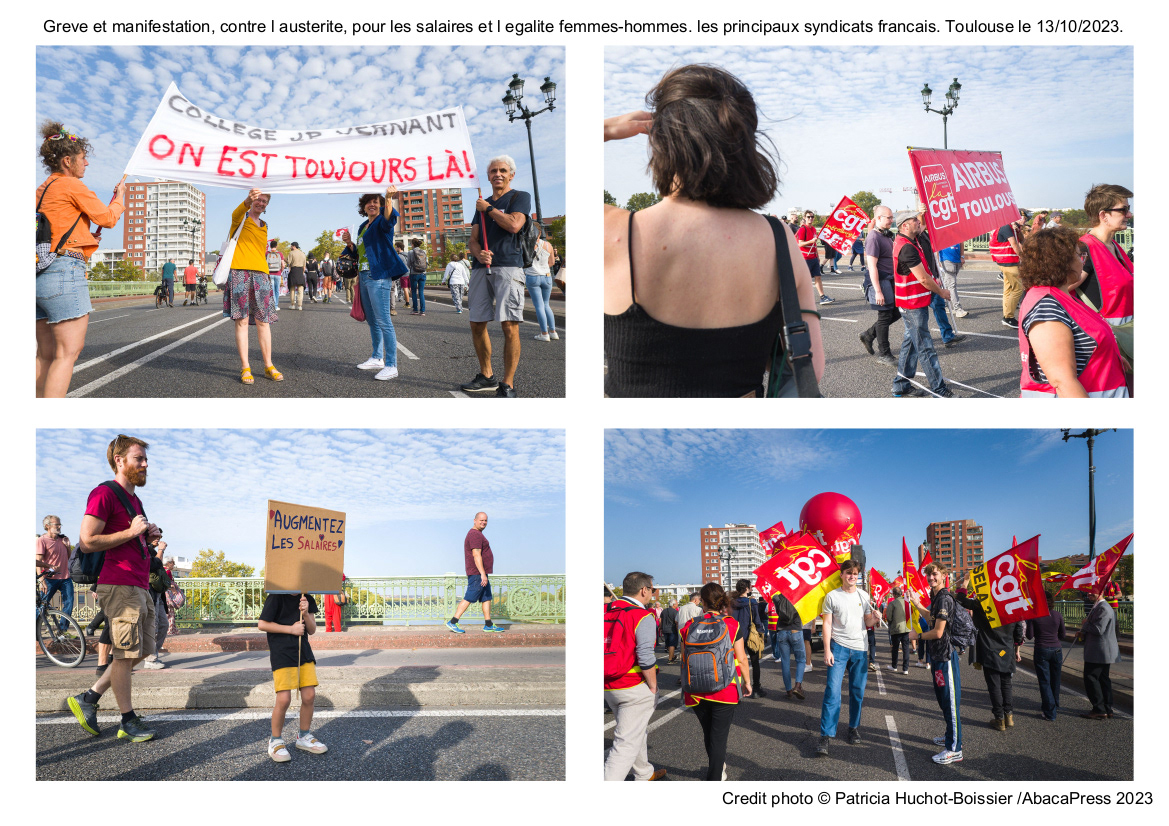 Greve et manifestation, contre l austerite, pour les salaires et l egalite femmes-hommes. les principaux syndicats francais. Toulouse le 13/10/2023. 