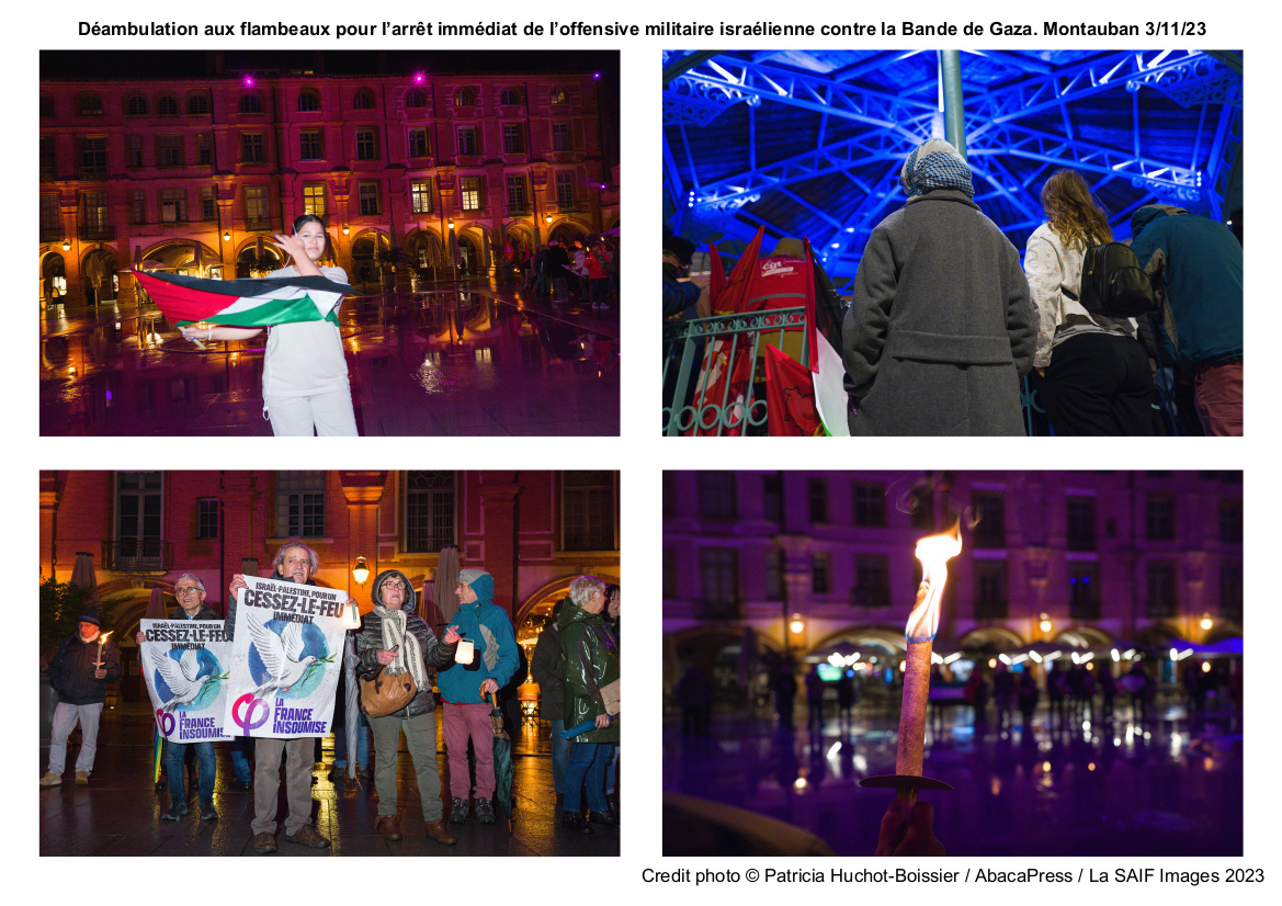 Déambulation aux flambeaux pour l’arrêt immédiat de l’offensive militaire israélienne contre la Bande de Gaza. Montauban 3/11/23