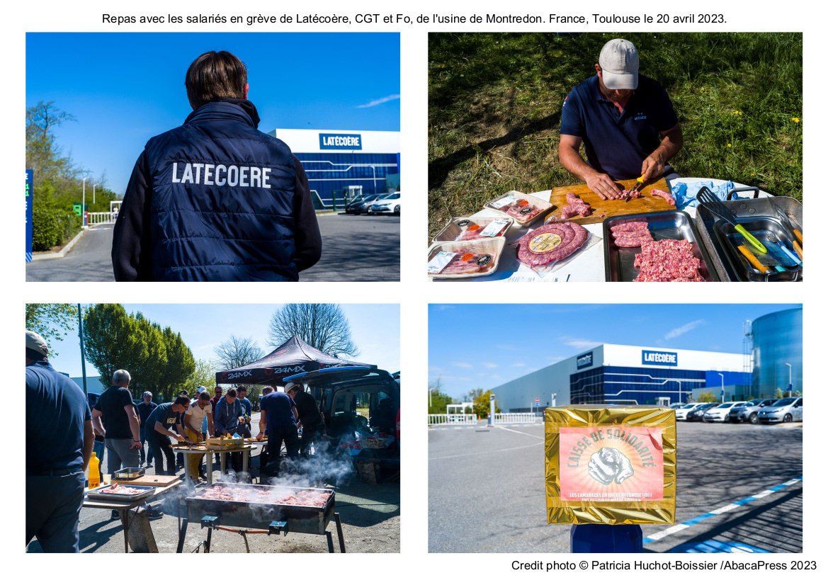 Repas avec les salariés en grève de Latécoère, CGT et Fo, de l'usine de Montredon. France, Toulouse le 20 avril 2023