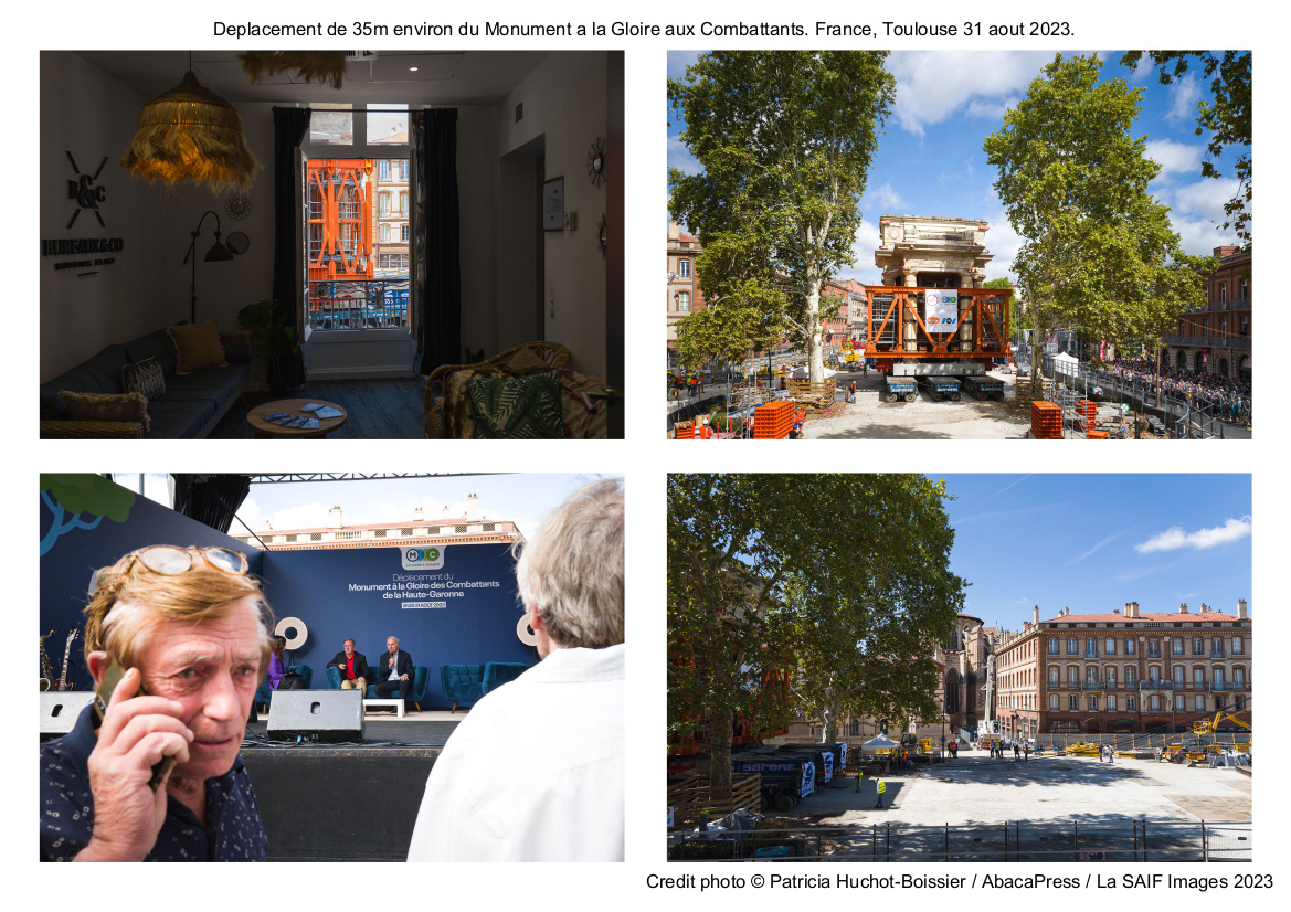 Deplacement de 35m environ du Monument a la Gloire aux Combattants. France, Toulouse 31 aout 2023