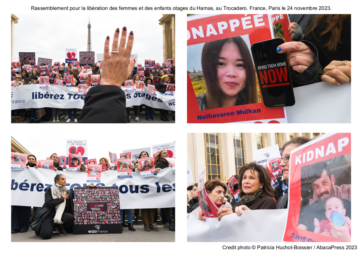 Rassemblement pour la libération des femmes et des enfants otages du Hamas, au Trocadero. France, Paris le 24 novembre 2023