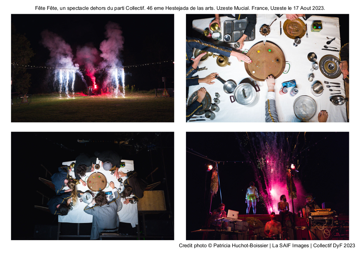 Fête Fête, un spectacle dehors du parti Collectif. 46 eme Hestejada de las arts. Uzeste Mucial. France, Uzeste le 17 Aout 2023