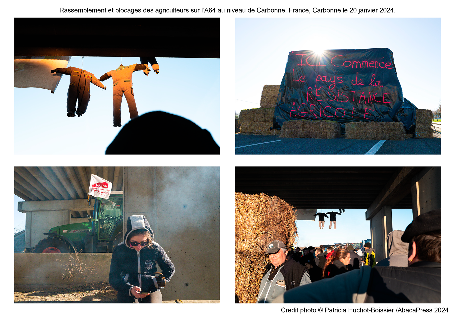 Rassemblement et blocages des agriculteurs sur l’A64 au niveau de Carbonne. France, Carbonne le 20 janvier 2024_