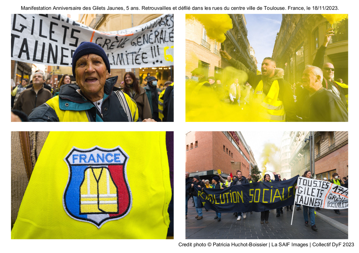 Manifestation Anniversaire des Gilets Jaunes, 5 ans. Retrouvailles et défilé dans les rues du centre ville de Toulouse. France, le 18/11/2023