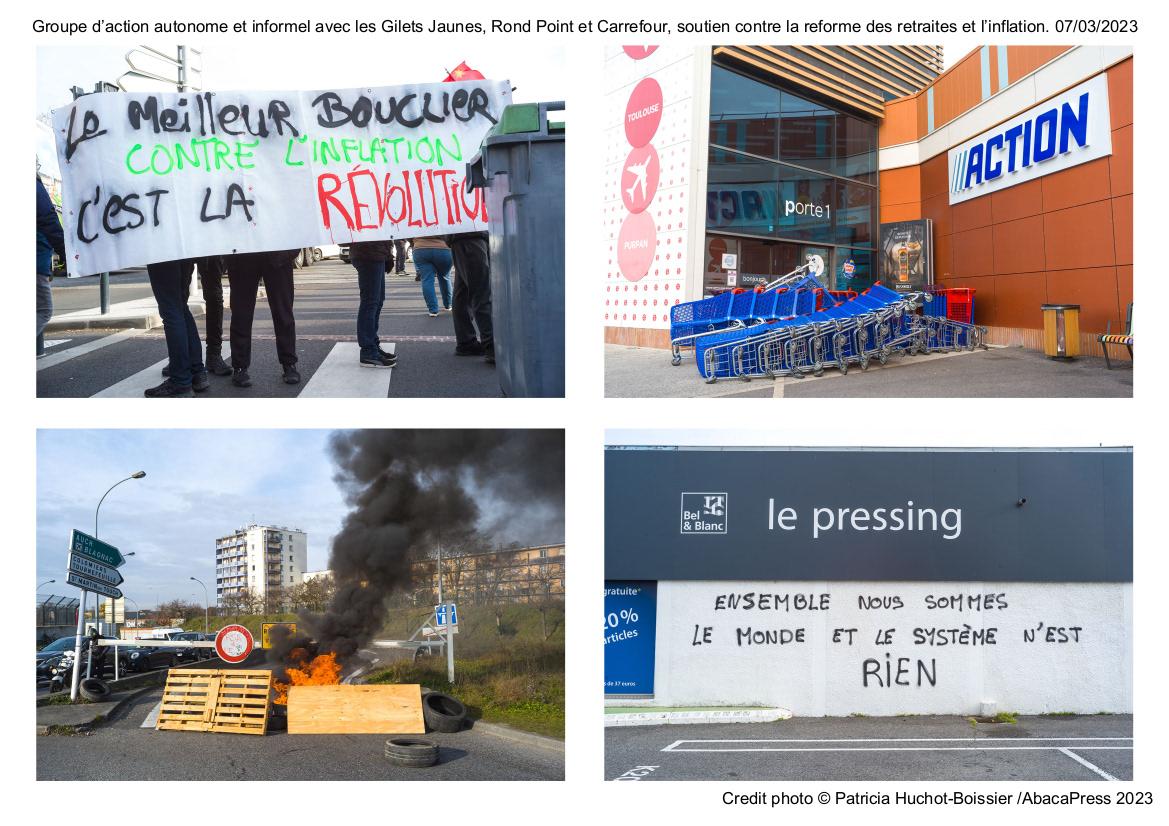 Groupe d’action autonome et informel avec les Gilets Jaunes, Rond Point et Carrefour, soutien contre la reforme des retraites et l’inflation. Toulouse 07/03/2023