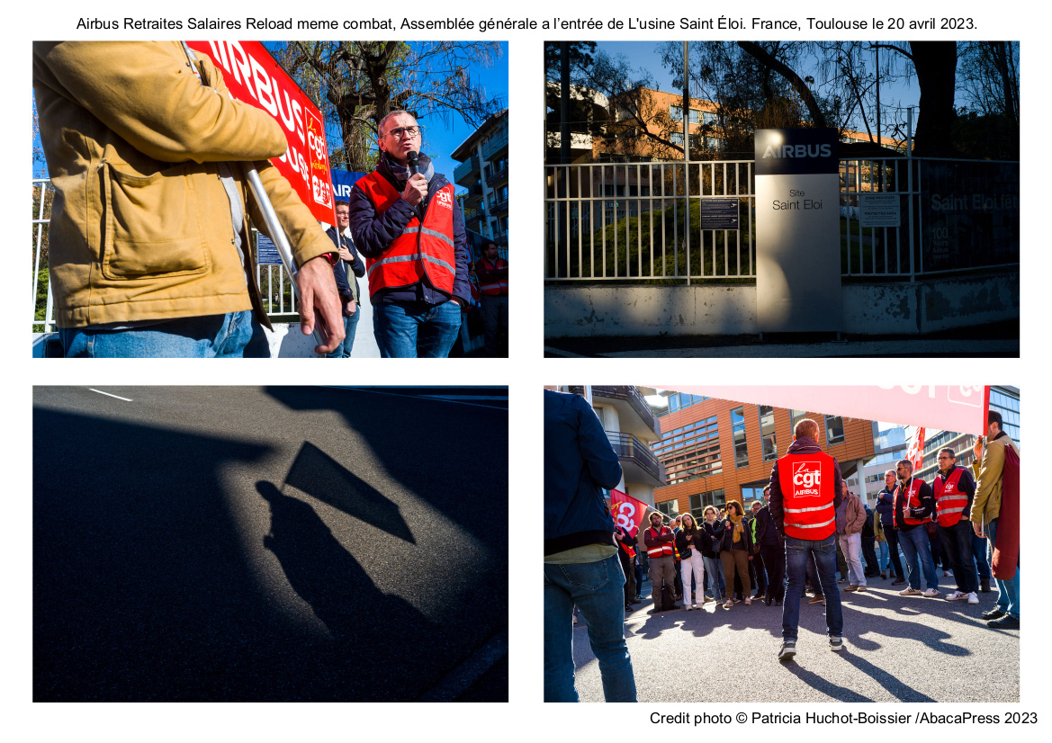 Airbus Retraites Salaires Reload meme combat, Assemblée générale a l’entrée de L'usine Saint Éloi. France, Toulouse le 20 avril 2023
