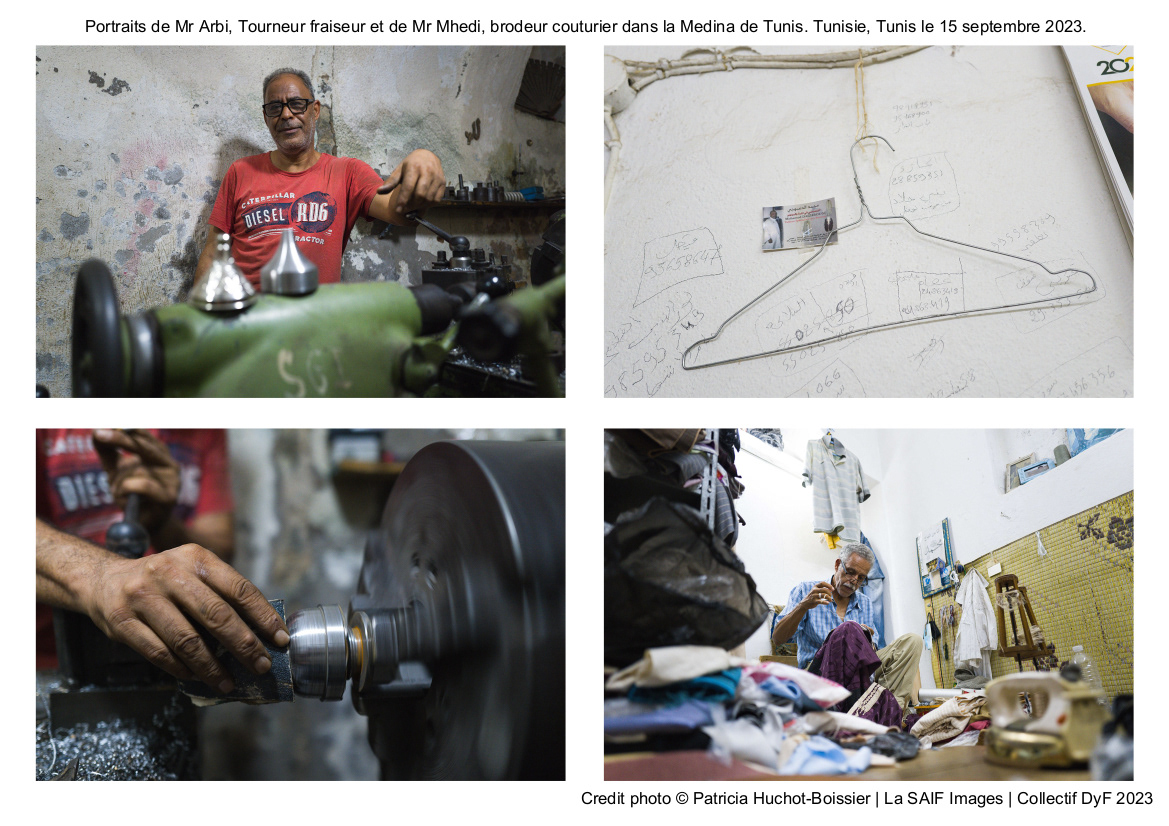 Portraits de Mr Arbi, Tourneur fraiseur et de Mr Mhedi, brodeur couturier dans la Medina de Tunis. Tunisie, Tunis le 15 septembre 2023