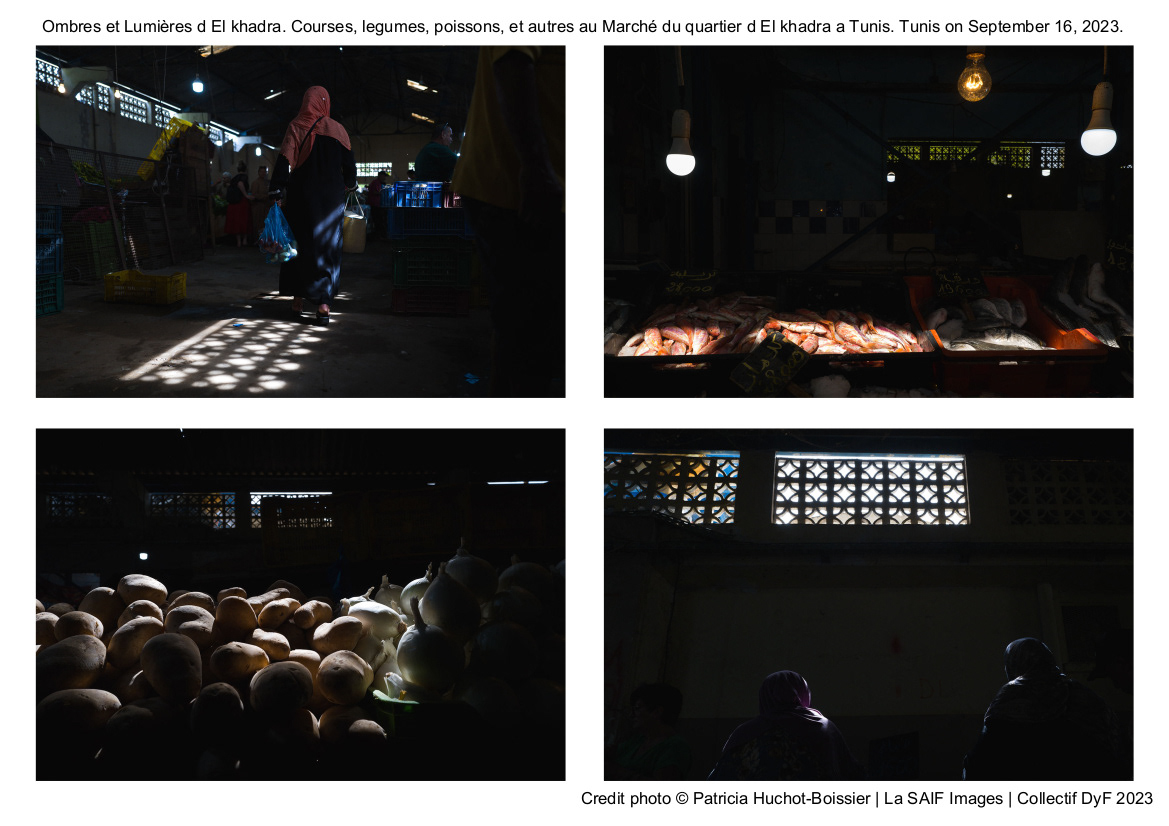 Ombres et Lumières d El khadra. Courses, legumes, poissons, et autres au Marché du quartier d El khadra a Tunis. Tunis on September 16, 2023