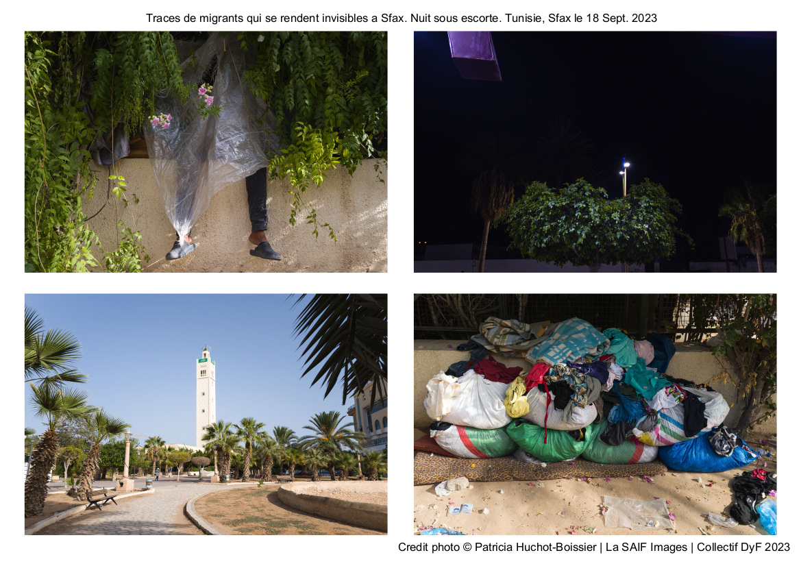 Traces de migrants qui se rendent invisibles a Sfax. Nuit sous escorte. Tunisie, Sfax le 18 Sept. 2023