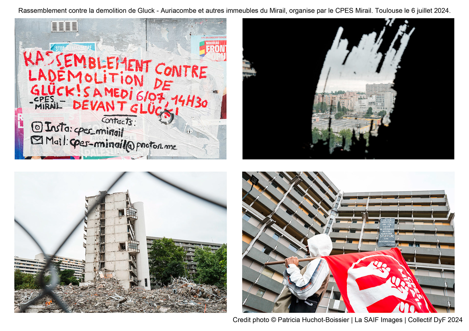Rassemblement contre la demolition de Gluck - Auriacombe et autres immeubles du Mirail, organise par le CPES Mirail. Toulouse le 6 juillet 2024